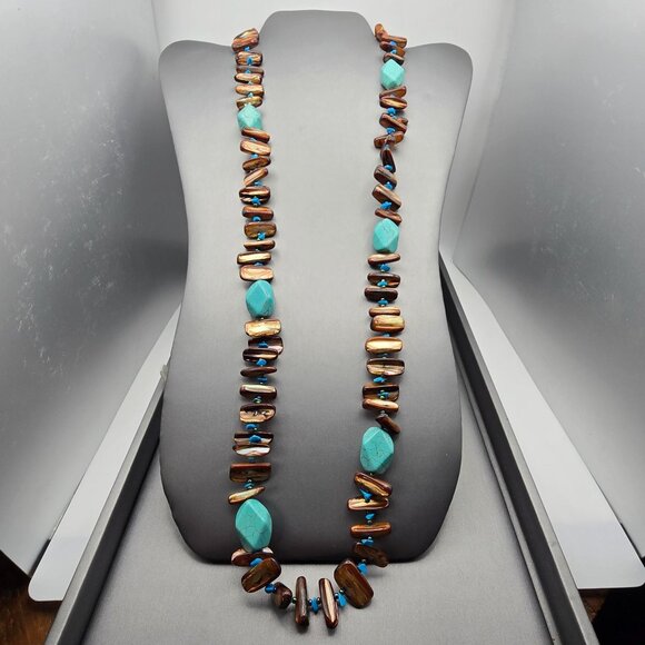 VTG Paua Abalone Shell Stick Bead Necklace 30" Howlite Chunks & Turquoise Chips - Picture 1 of 12